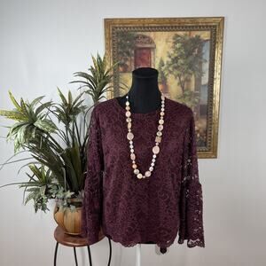 Worthington Burgundy Lace Blouse Women Size L Bell Sleeve Sheer Overlay Top Y2K
